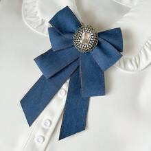 1pc Denim Pearl Rhinestone Crown Luxury Bow Brooch Tie Clip Lapel Pin Suitable For Daily Wear - Blue - View 3