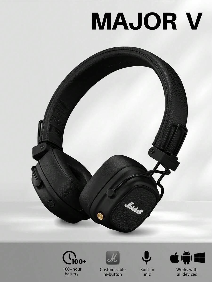 Marshall Major V Over-Ear Wireless Headphones, 100-Hour Battery Life, Bluetooth 5.2, Upgraded Classic Rock Design, Foldable, Memory Foam Ear Cushions, Wired/Wireless Dual Mode, Multi-Point Connection, Suitable For Travel, Commuting, Music
