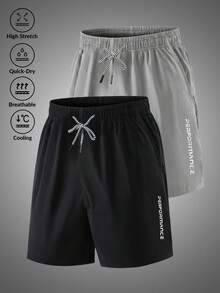 2件組男士運動短褲男友風夏季3/4短褲，簡約鬆緊印花抽繩口袋褲，適合跑步、健身、海灘，黑色 - 黑色 - 查看 2