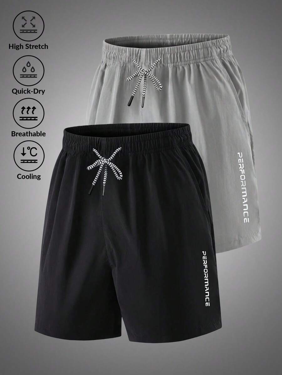 2pcs Men's Sport Shorts Boyfriend Style Summer 3/4 Shorts, Simple Elastic Print Pants With Drawstring And Pockets, For Running, Workout, Beach Black - Black - View 1