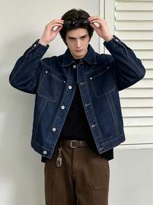 Men's Loose Fit Deep Blue Denim Jacket With Turn-Down Collar, Button Front, Chest Pockets, Workwear Street Style, Suitable For Spring And Autumn - Dark Wash - View 3
