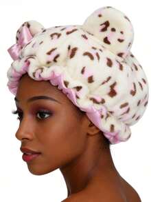Women Cute Leopard Bear Ear Satin Lined Sleep Bonnet, Soft Plush Hair Wrap Cap For Curly Natural Hair Night Care - Multicolor 1pc - View 6
