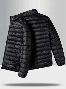 Men's Winter Solid Color Casual Minimalist Style Warm Padded Coat - Black - View 4