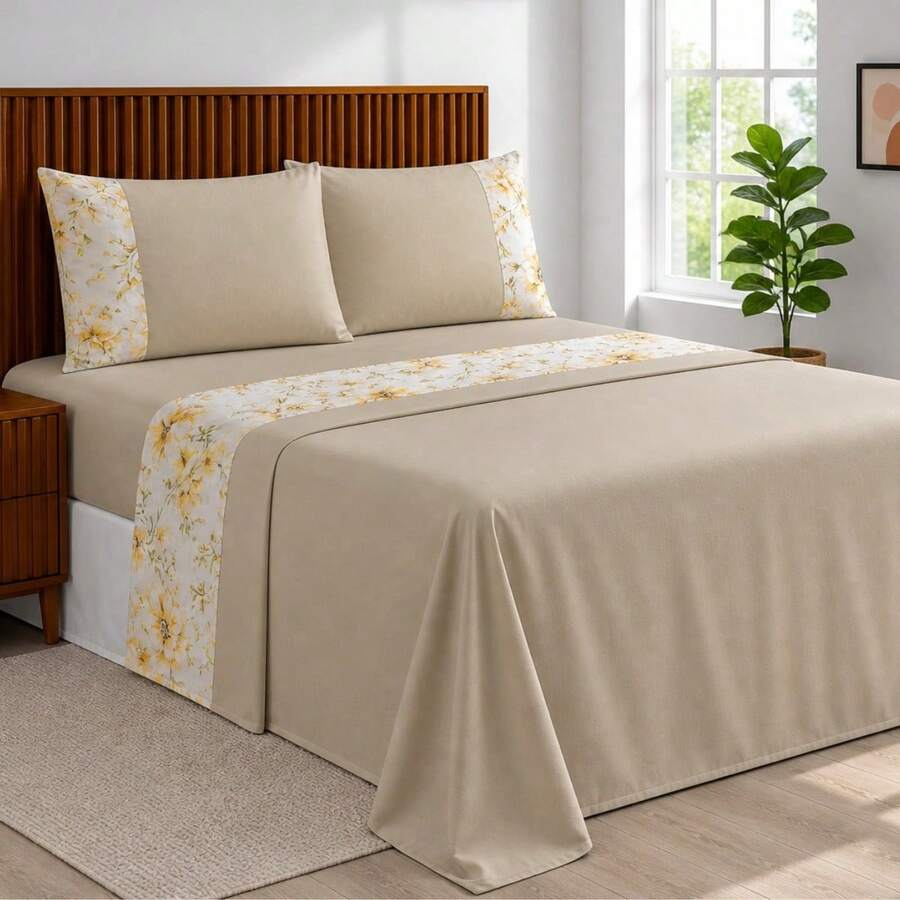 400 Thread Count Silk-Touch Bed Sheet Set, 4 Pieces, Alegra Double/Queen/King, Premium Comfort - 奢華黃色花卉 - 查看 1