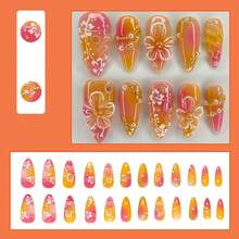 24Pcs Flower Press On Nails Medium Almond Fake Nails With 3D Pearl Charms Design Glossy Orange Full Cover Stick On Nails Handmade False Nails Spring Summer DIY Manicure For Women Acrylic Nails - 豐富多彩 - 查看 2