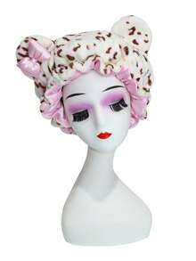 Women Cute Leopard Bear Ear Satin Lined Sleep Bonnet, Soft Plush Hair Wrap Cap For Curly Natural Hair Night Care - Multicolor 1pc - View 13