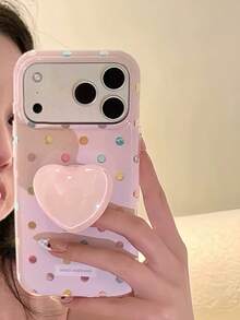 INS Aesthetic Gilded Colorful Polka Dot Heart Stand Phone Case Compatible With Apple 17 Pro Max, 16 Pro, New 15, Women's 14, Korean Style Soft Pink, Full Coverage Hard Shell, Niche Design, 18 Pro Max, 18 - Pink - View 1