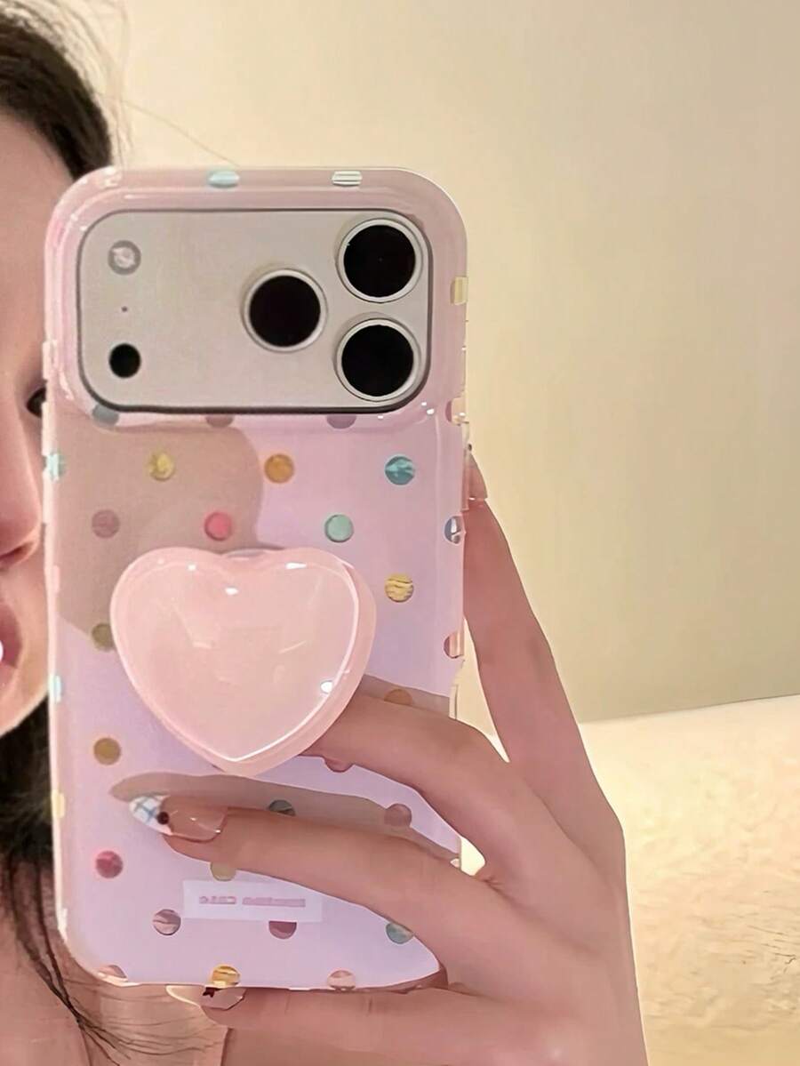 INS Aesthetic Gilded Colorful Polka Dot Heart Stand Phone Case Compatible With Apple 17 Pro Max, 16 Pro, New 15, Women's 14, Korean Style Soft Pink, Full Coverage Hard Shell, Niche Design, 18 Pro Max, 18 - Pink - View 1