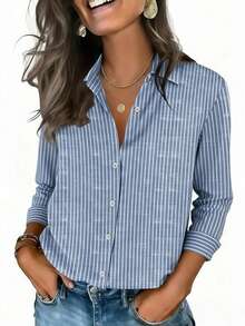 Women's Striped Print Front Button Shirt, Long Sleeve Top, Suitable For Office, Work, Home, Daily, Business Commute, All Seasons - Blue - View 3
