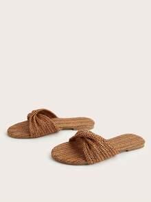 Brown Straw Woven Handmade Twisted Decor Flat Sandals For Women, Bohemian Style, Vacation Style, Daily Wear, Versatile, Random Twisted Direction And Pattern, Random Straw Woven Texture - Brown - View 3