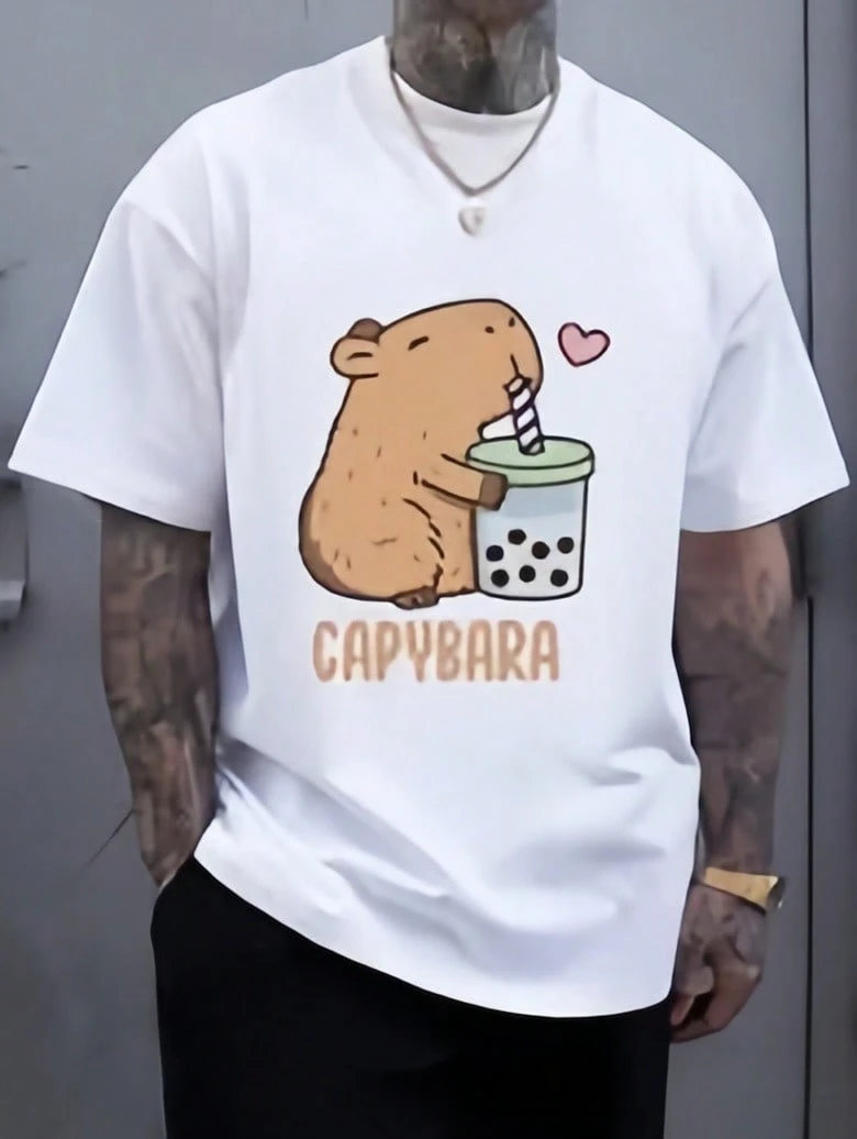 Women's Casual, Creative And Cute Capybara Graphic Pattern T-Shirt, Short-Sleeved, Basic And Stylish - 白色6 - 查看 1