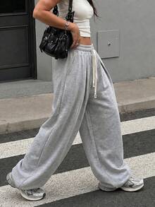 Women's Light Gray Wide Leg Sweatpants, Oversized Loose Drawstring Elastic Waistband Pocket Pants, Autumn Back To School Streetwear Style Sports - Light Grey - View 4