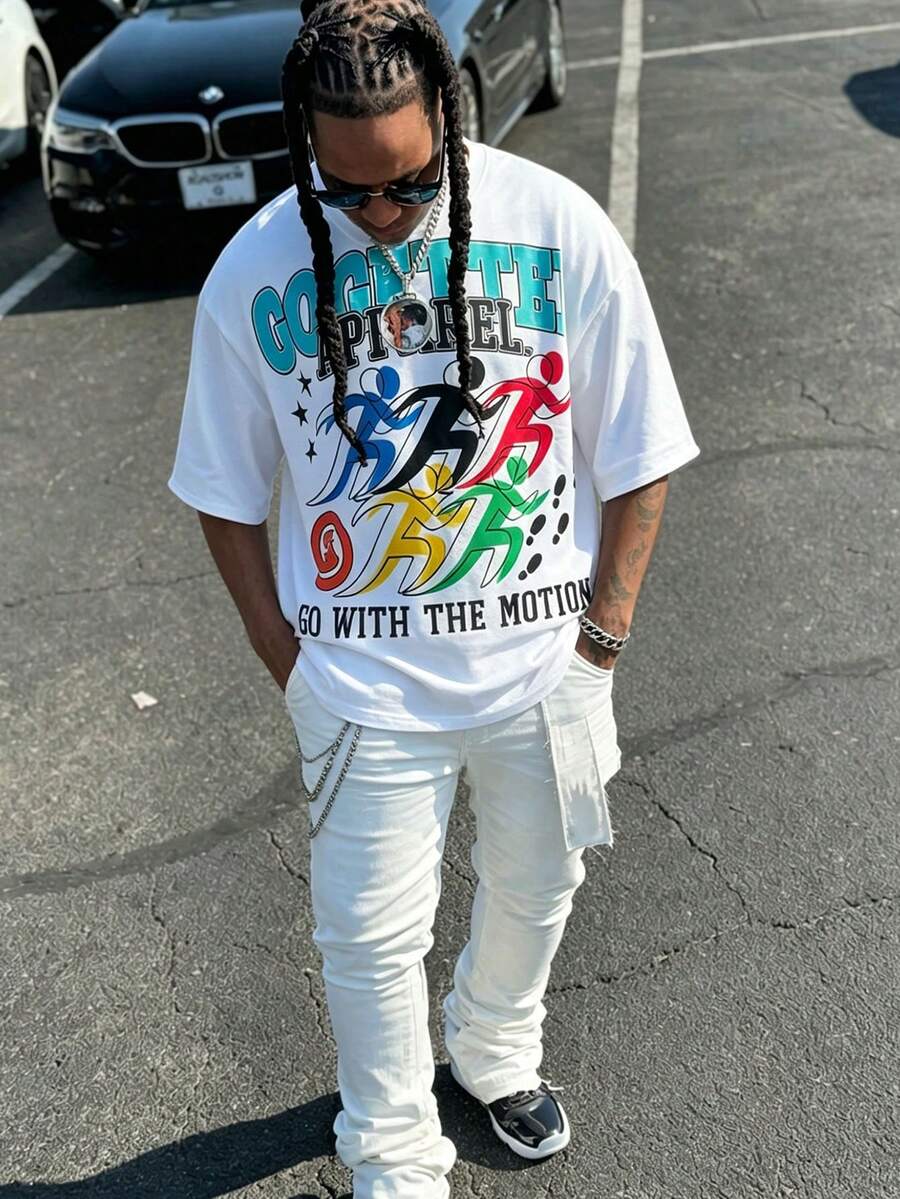 Short-Sleeve T-Shirt With Colorful Dynamic Character Print (180g Cotton T-Shirt), Made Of 100% Pure Cotton Fabric - Soft And Breathable - 白色 - 查看 1