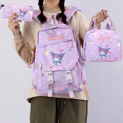 Miniso Sanrio My Melody 蕾絲圓圈美人魚鱗片 3 件組後背包套裝，休閒後背包套組附手提便當袋與鉛筆袋，輕量外出書包