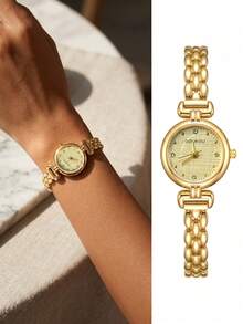 Women's Fashion Minimalist Round Center Pattern Mixed Rhinestone Heart-Shaped Quartz Watch 1pc/Set - Gold - View 6