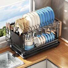 Kusuxva This Double-Layer Metal Kitchen Countertop Dish Rack Is Space-Saving And Durable. It Comes With A Knife And Fork Holder, Cup Holder, Cutting Board Holder, And Rust-Proof Drain Tray. Kitchen Storage Items Help You Keep Your Kitchen Neat And Organized. - Black - View 3