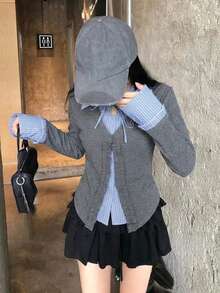 Women's 2 In 1 Cardigan, Plaid Patchwork, Tie Front And Long Sleeves - Grey - View 4