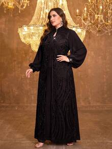 SUPGIR [Random Cut] Plus Size Women's Stand Collar Lantern Sleeve Sequin Patchwork Satin Dress, Elegant - Black - View 4