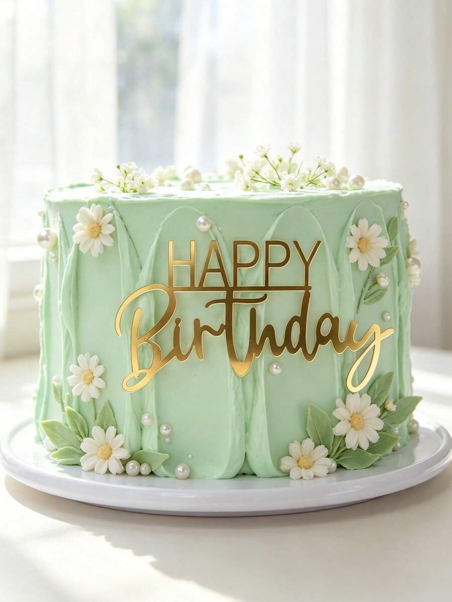 3pcs Gold Mirror Acrylic Happy Birthday Dual Font Letter Ornament Cake Topper, Simple Block & Elegant Cursive Integrated Stick Topper, Glossy Shiny Decor For Minimalist Elegant Birthday Party & Soft Private Special Occasions - A - View 1