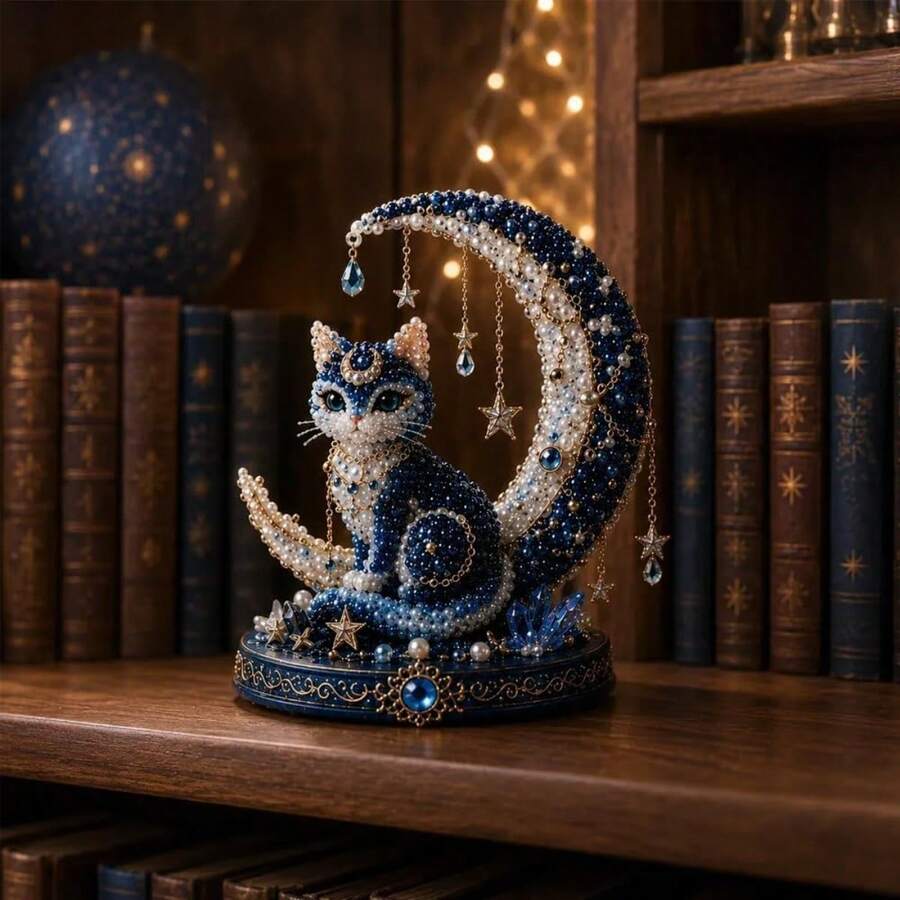 Beaded Moon Cat DIY Kit, 3D Starry Night Embroidery Sewing Set, Handmade Cat Desktop Ornament Gift (Excluding Color Box) - #G (No Color Box) - View 1