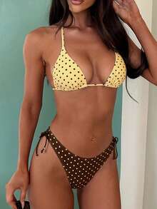 PEPPERMOLLY Ensemble de bikini sexy jaune-brun à pois sans dos pour femmes, maillot de bain trois pièces à la mode, tenue de plage d'été pour les vacances - brun jaunâtre - Voir 3