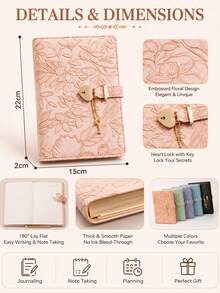 Vintage Embossed Floral Lockable Diary, Heart-Shaped Lock And Key, PU Leather Journal, Suitable For Daily Writing, Travel, School, Office, Personal Notes And Gifts School Supplies - A5 - View 3