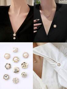10pcs Seamless Anti-Slip Pearl Brooch Buttons, Adjustable Waist Belt Tightening Buckle, Rhinestone Flower Invisible Fixing Pin, Suitable For Shirts, Dresses And Clothing - White - View 4