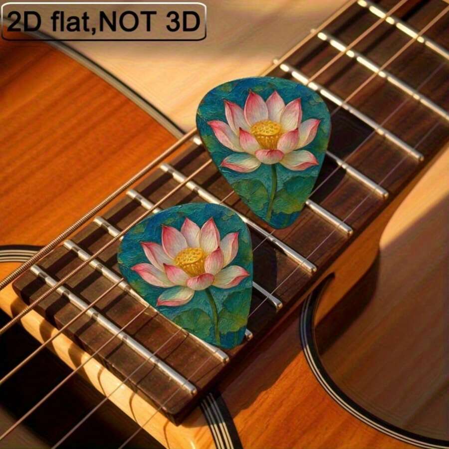 6pcs 2D Flat Triangle Guitar Picks, Pink White Petal Yellow Stamen Lotus & Lotus Leaf Print, Premium Plastic Picks, Musical Instrument Accessories For Guitar Enthusiasts, Gift Choice - Multicolor - View 1