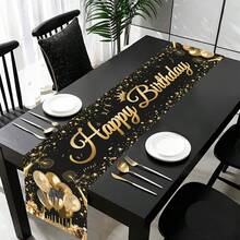 1pc 13.78*70.87 Inch Black & Gold Polyester Tablecloth, Suitable For Birthday, Wedding, Family Holiday Party And Dining Table Decoration, Includes Disposable Table Runner - Multicolor - View 6