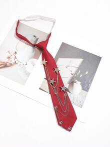 1pc Sweet Cool Style Metal Chain Star No-Tie Necktie, Unisex Preppy Shirt Accessory - Red - View 5