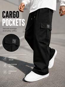 Calça Cargo Casual Preta com Múltiplos Bolsos para Homens, Calça Casual Masculina, Design de Bolsos Grandes, Calça de Moletom Esportiva de Perna Reta Solta - Preto - Visão 1