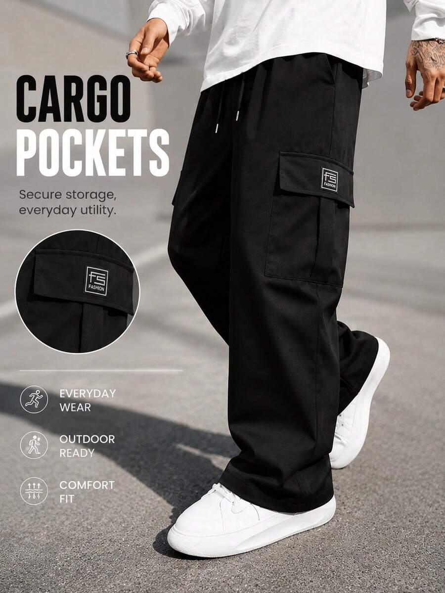 Calça Cargo Casual Preta com Múltiplos Bolsos para Homens, Calça Casual Masculina, Design de Bolsos Grandes, Calça de Moletom Esportiva de Perna Reta Solta - Preto - Visão 1