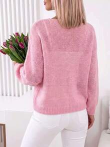 Women's Comfortable Pink Semi-Sheer Knit Pullover, Regular Length Slightly Elastic Long Sleeve Sweater, Suitable For Autumn/Winter Wear - Pink - View 2