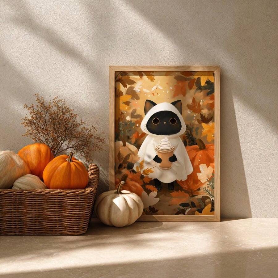1pc Cat Ghost Coffee Autumn Art Canvas Wall Decor Poster, Room Home Decoration, Aesthetic Style, Optional Frame, Pumpkin Decor, Quirky Cute, Halloween Home Decor, Pumpkin Print, Ghost Coffee Art, Rustic Style - 1PC - View 1