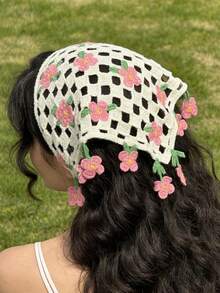 de punto con borlas y diseño floral calado, diadema fresca, estilo dulce de playa, bandana para mujer, atuendos de verano, banda para el cabello de playa, accesorios para el cabello de playa - Multicolor 2 - Ver 1