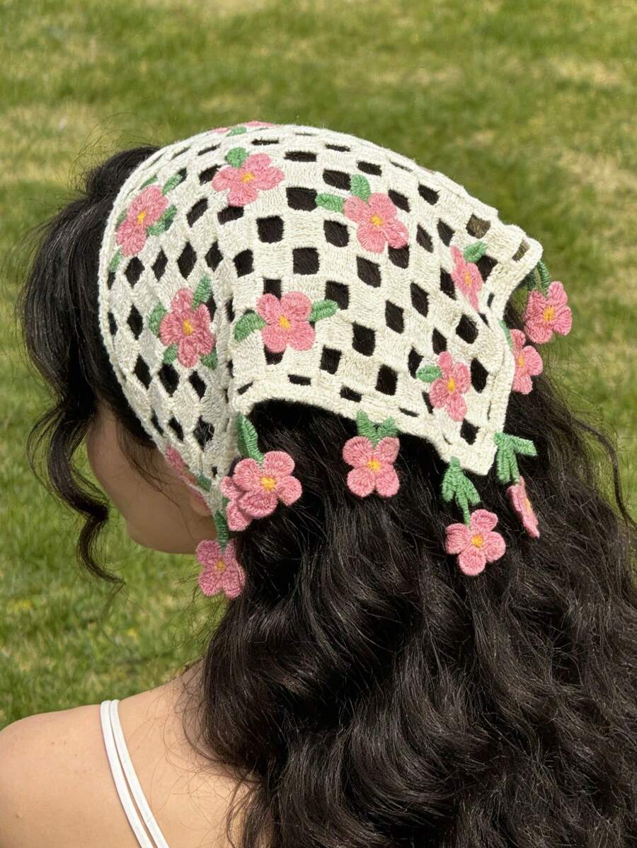 de punto con borlas y diseño floral calado, diadema fresca, estilo dulce de playa, bandana para mujer, atuendos de verano, banda para el cabello de playa, accesorios para el cabello de playa - Multicolor 2 - Ver 1