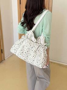 Sweet Cute Star Print Canvas Tote Bag With Dual Drawstring Closure, Soft Large Capacity Shoulder Bag, Fresh College Style Lightweight Bag Suitable For Class And Commute, Can Store Books And Personal Items, Women's Bag - Beige - View 4