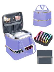 Organizador de Esmalte de Uñas de Mano de Doble Capa, Bolsa Organizadora de Cosméticos para Niñas y Mujeres, Arte de Uñas, Aceites Esenciales, Juego de Cosméticos, Uso Diario y de Viaje - 0142-Morado - Ver 2