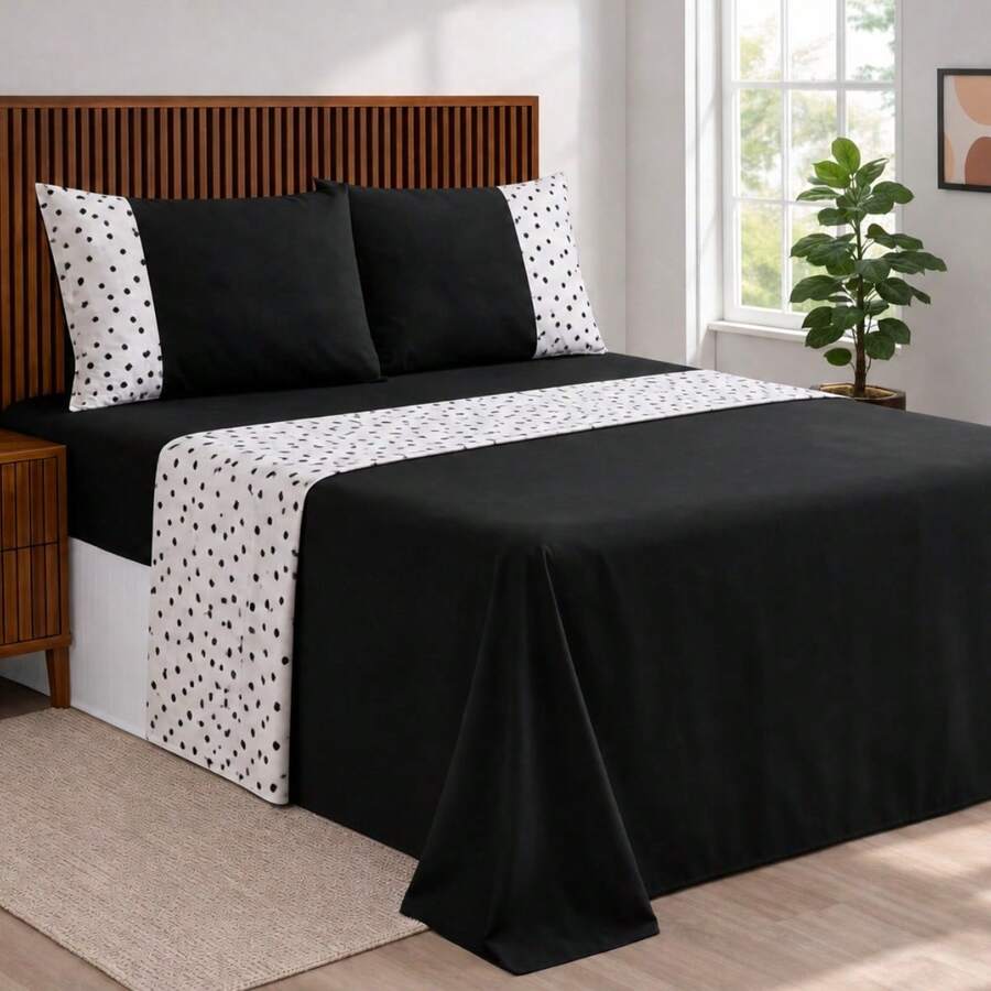 Alegra 400 Thread Count Silk Touch 4-Piece Sheet Set For Double/Queen/King Sizes - Premium Comfort - 奢華黑色波點 - 查看 1