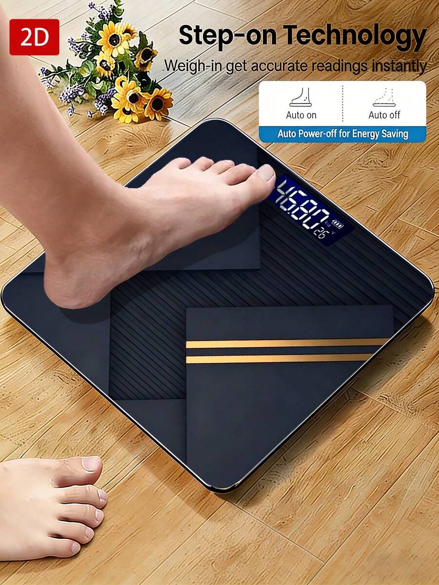 1pc 2D Flat/Dark Geometric Layer Diagonal Line Metallic Gold Decor/Minimalist Modern Design/Indoor Temperature Display Tempered Glass Bathroom Scale, Max Weight 400lbs/180kg, Tempered Glass Surface, Temperature Detection - A - View 1