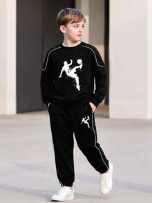 Boys Spring/Autumn Set, Raglan Sleeve, Soccer Print Crew Neck Long Sleeve Top + Casual Long Pants 2-Piece Outfit, Suitable For 4-12 Years Old Boys, Outdoor, Vacation - Black - View 1