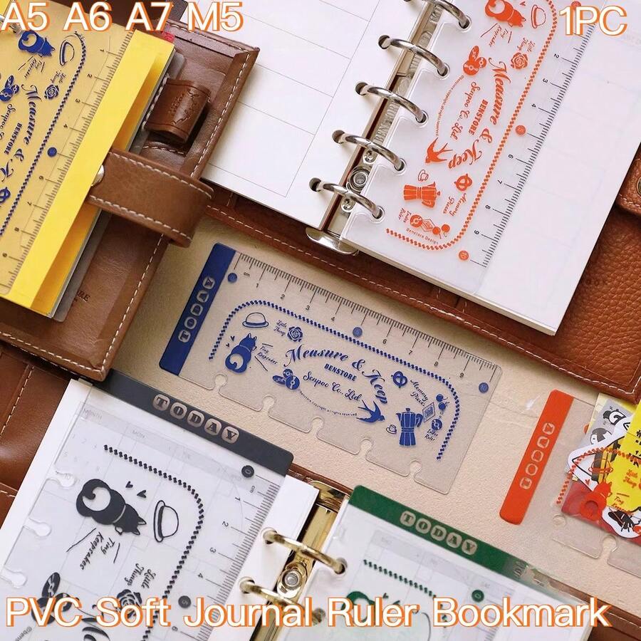 1PC A5 A6 A7 M5 Frosted PVC Soft Journal Ruler, Vintage Planner Index Divider With Storage Pocket, Multi-Function DIY Stationery For Notebook Journal, Bookmark - Storage Ruler - View 1