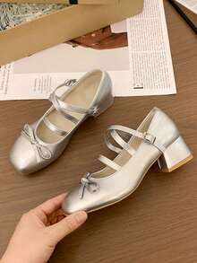 Sapatos de Salto Alto Femininos, Sapatos Mary Jane de Salto Grosso com Bico Quadrado em Verniz Brilhante, Estilo Europeu e Americano, Escritório, Reunião de Negócios, Café, Chá da Tarde, Primavera, Prata, Retrô, Elegante, Confortável, Uso Externo - Prata - Visão 8