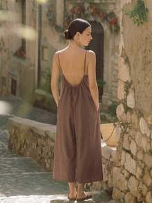 Summer Women's Fashionable Solid Color Sexy Camisole Backless Ruched Tie-Up Loose Sleeveless Vacation Style Jumpsuit With 9/10 Length Pants - Brown - View 4