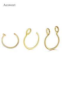 3Pcs Stainless Steel Fake Nose Rings Unisex Septum C-Shaped Clip Rings No Piercing Required Fake Piercing Jewelry Daily Gift Nose Piercings - Yellow Gold - View 4