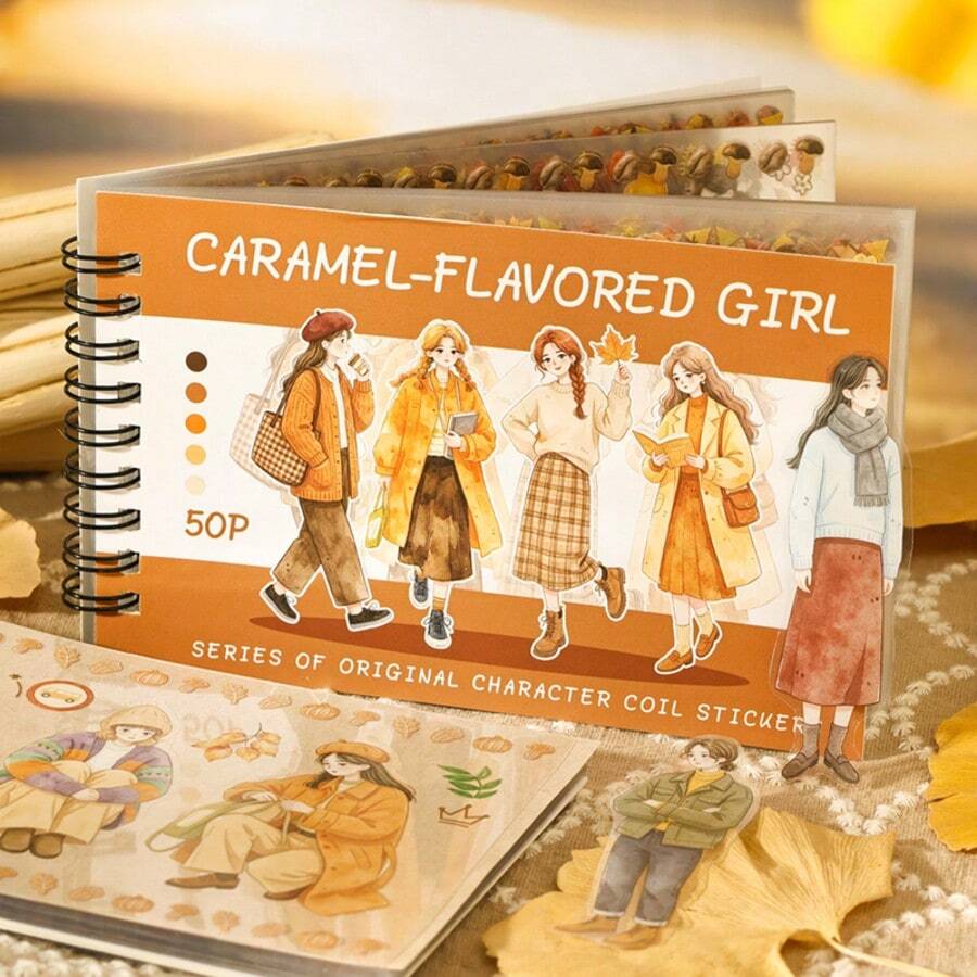 JotBox Caramel Girl Hand-Drawn Character Coil Sticker Book, Vintage Die-Cut Large Quantity Autumn Outfit Planner Scene Decorative Stickers School Supplies - Caramel Girl Character Sticker Book - View 1