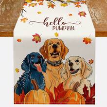 1件 Hello Pumpkin 秋季桌旗，可愛黃金獵犬與楓葉印花聚酯纖維桌旗，秋季豐收感恩節農舍風餐桌裝飾 - 彩色 - 查看 9