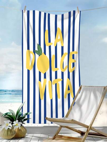 1 pièce Serviette de plage rayée bleue à la mode, grande serviette de plage imprimée de fruits citron "La Dolce Vita", serviette de plage en microfibre super absorbante, serviette, convient pour les voyages, la piscine, la plongée, le surf, le yoga, le camping, la décoration de fête aquatique, serviette de plage, accessoire de piscine essentiel pour les voyages d'été, décoration de salle de bain de vacances, essentiel de vacances