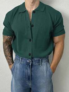 Camiseta de manga corta de unicolor informal para hombre, versátil para la oficina/uso diario, primavera - Verde Oscuro - Ver 2