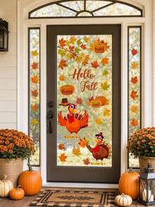 2pcs Thanksgiving Window Stickers, Removable Glass Decals, Cartoon Turkey Pumpkin Maple Leaf Hello Fall Pattern, Window Door Wall Party Decoration, For Adults, Thanksgiving Decor, Autumn Harvest Seasonal Holiday Decoration Supplies - Multicolor - View 8